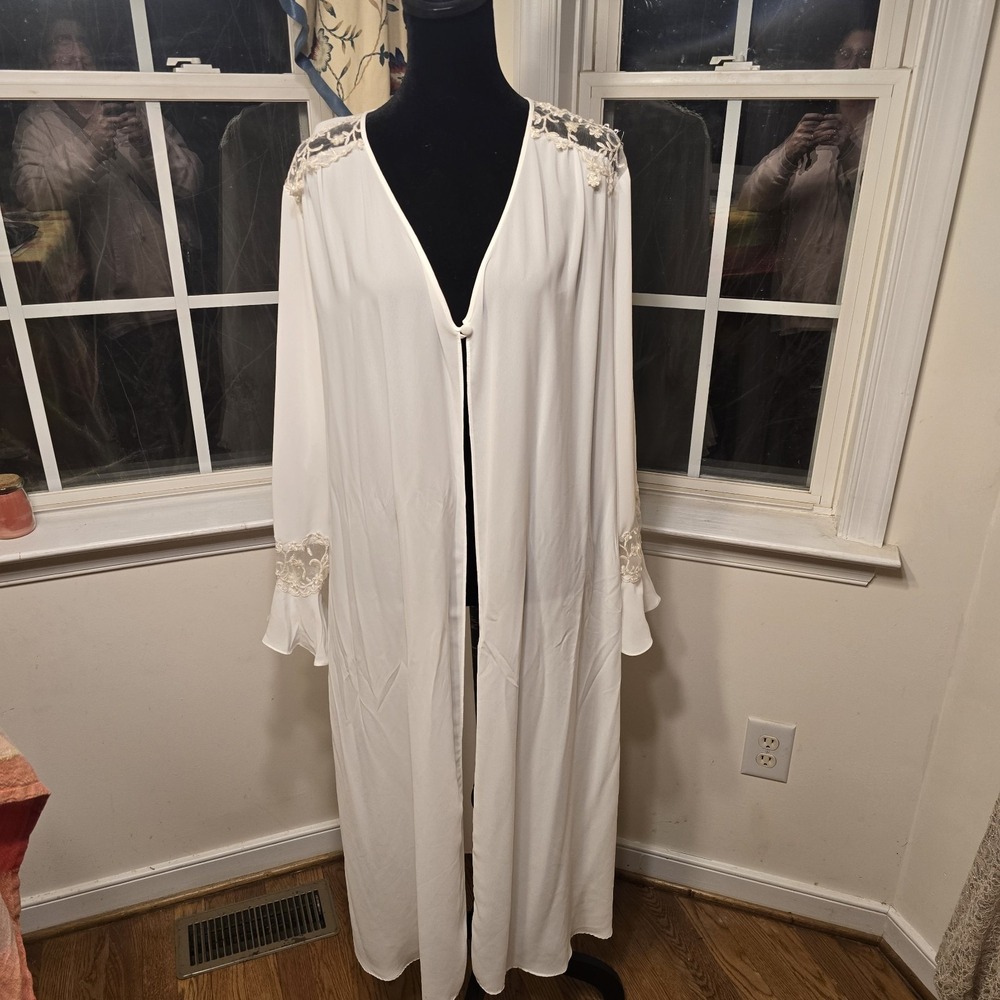 Vintage‎ Dentelle Womens White Sheer Robe Beaded Lace Applique Bridal Size XL